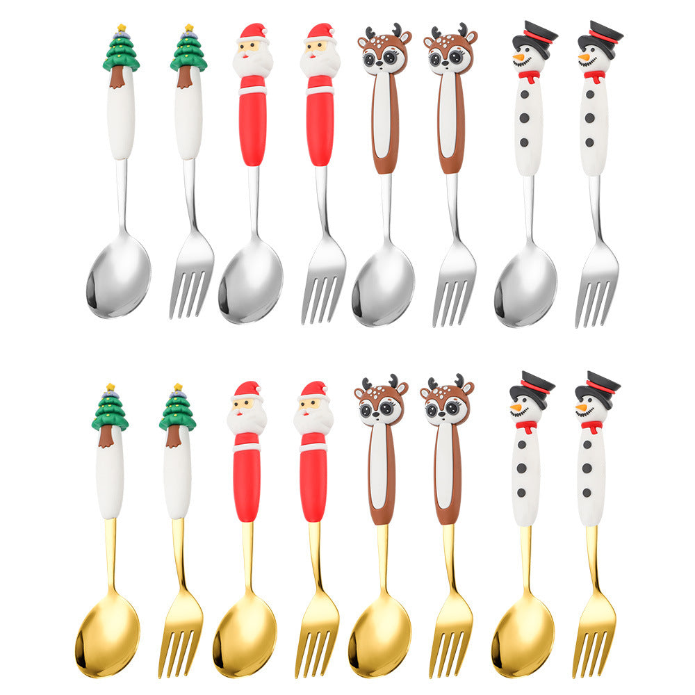 Amazon New Christmas Stainless Steel Spoon Fork Cartoon Doll Dessert Spoon Fork Christmas Tableware Gift Box Set