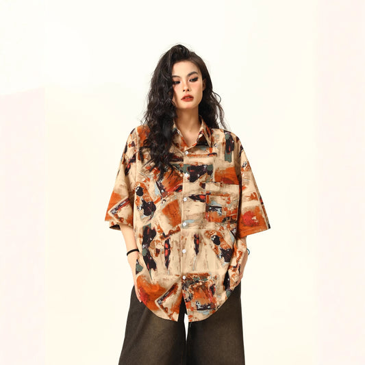 Hong Kong style retro baroque short-sleeved floral shirt summer American style unique oil painting style loose Cuban collar shirt hip girl