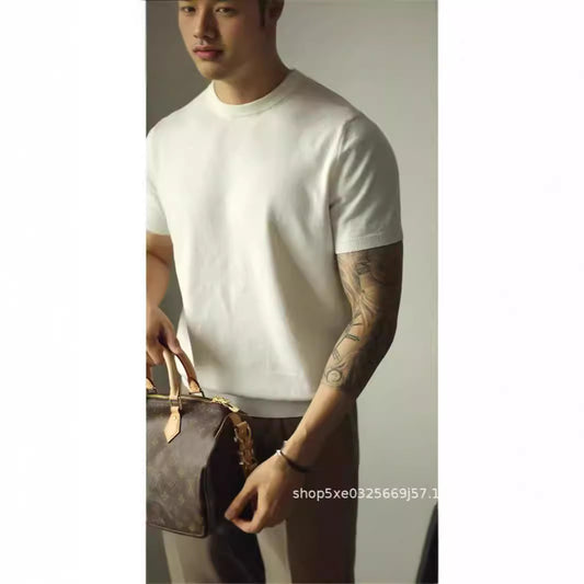 American mercerized cotton ice silk knit sweater, men's small high neck slim short sleeve sweatshirt, cool and breathable, cargo tight-sleeved T-shirt