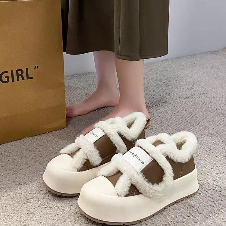 Thick-soled Velcro wool bread white shoes women's winter fleece warmth 2025 new popular board shoes cotton shoes