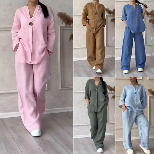 2024 Summer New Cross Border Amazon Women's 2 Piece Plus Size Cotton and Linen Shirt Set High Waist Loose Pants