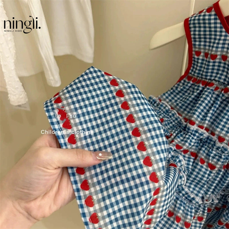 Ningli children's clothing summer new girls sweet blue check sleeveless dress baby girl cherry vest skirt tide