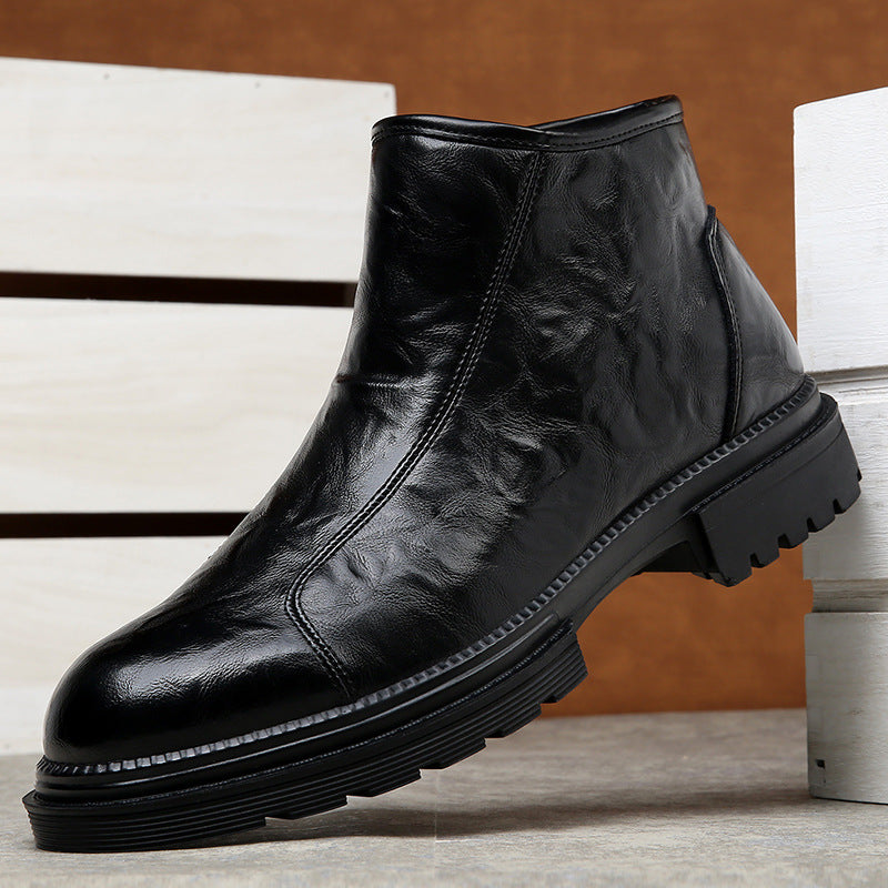 Side zipper martin boots men's velvet english leather cargo biker boots winter increase high top chelsea boots