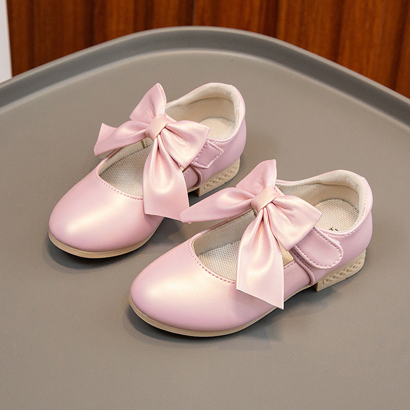 Foreign trade children's shoes 2026 spring and autumn girls' leather shoes, white shoes, bows, medium and large children's small high heels, princess shoes