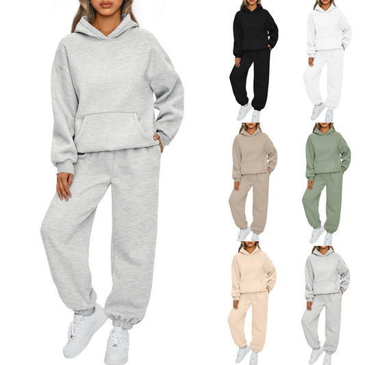 2023 European and American Foreign Trade Autumn and Winter New Amazon Women's 2-Piece Casual Hoodie Sportswear Trousers Set