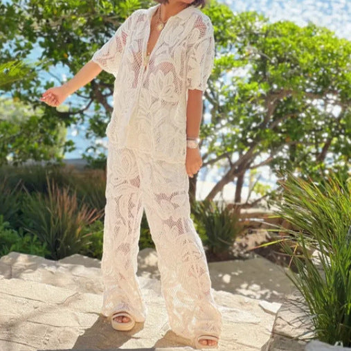 European and American cross-border 2024 new lapel cut-out loose top, straight trouser suit, casual fashion temperament