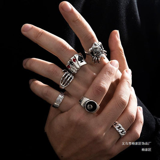 European and American popular jewelry, men's punk, exaggerated skulls, ghost claws, poker clowns, number 8, round 6-piece set