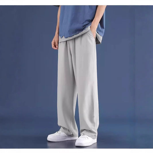 Summer ice silk quick-drying pants men's ins trend anti-wrinkle feeling straight wide-leg pants athleisure trousers