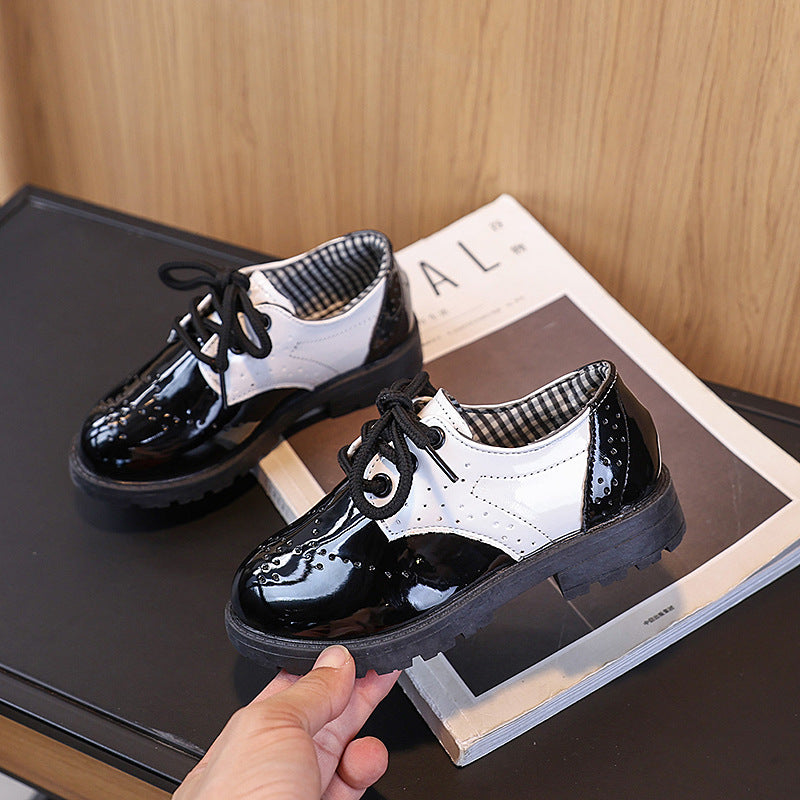 Children's leather shoes, black little boys, British style shiny small leather shoes, children's single shoes, one foot of small, medium and large children's leather shoes