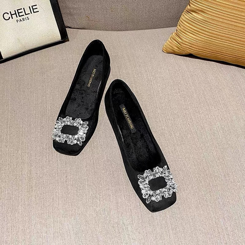 Black suede commuter high heels women's 2025 spring and autumn new square toe thick heel shallow rhinestone professional French shoes