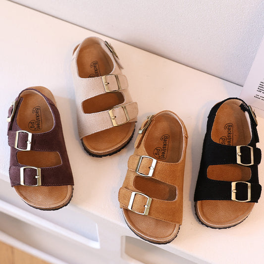 Genuine leather children's Birkenstock sandals Korean version nubuck leather soft-soled baby sandals retro wooden Kang sole medium and large children's sandals