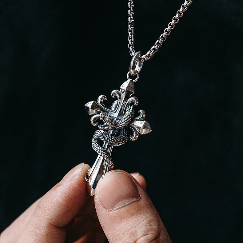 Retro national style natal year [spirit snake] kite blessing national tide cross pendant necklace male and female personality pendant necklace men
