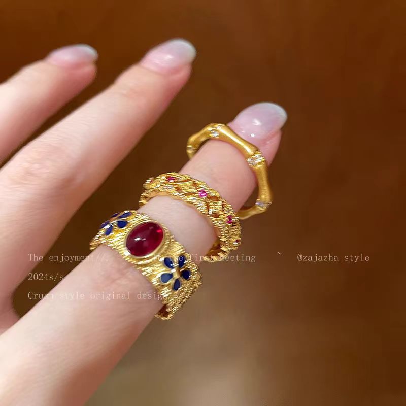 Court style retro gold enamel slub ring women's fashion high-end index finger ring new Chinese autumn and winter style ring
