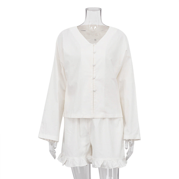 2023 Foreign Trade Women's Summer New Suit Beige Long Sleeve Loose Casual Shirt High Waist Shorts Two-Piece Set