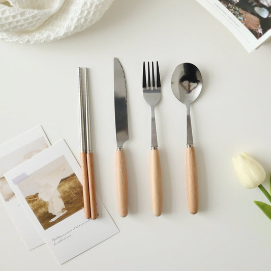 Japanese style ins cutlery knife, fork spoon chopstick set, wooden handle, western cutlery set, stainless steel dinner fork and spoon