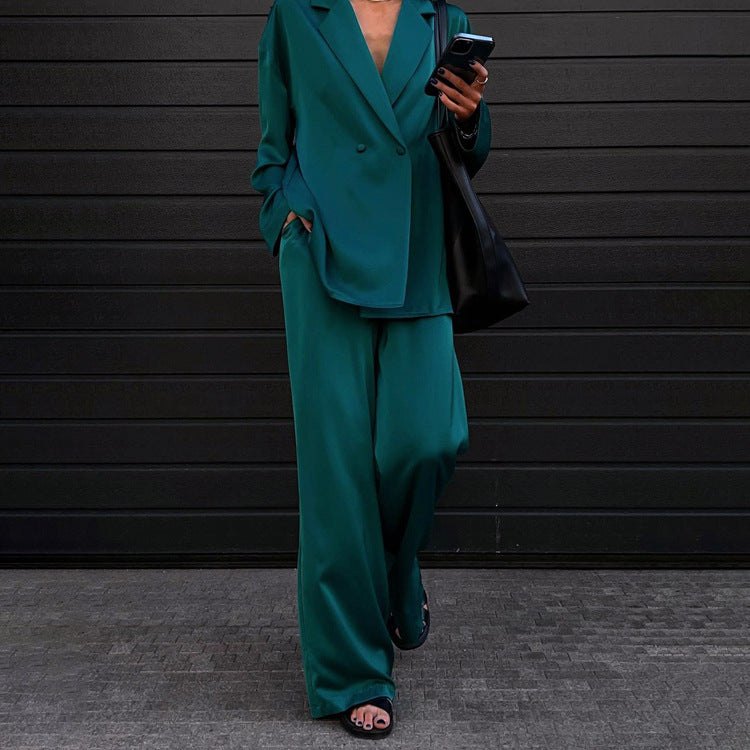 European and American ins style 2025 new fashion casual drape satin suit trousers two-piece set women's high-end wholesale