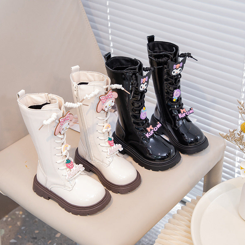 Girls' boots 2025 fall/winter fleece fashion black high boots Korean version of new Martin boots, princess boots leather boots