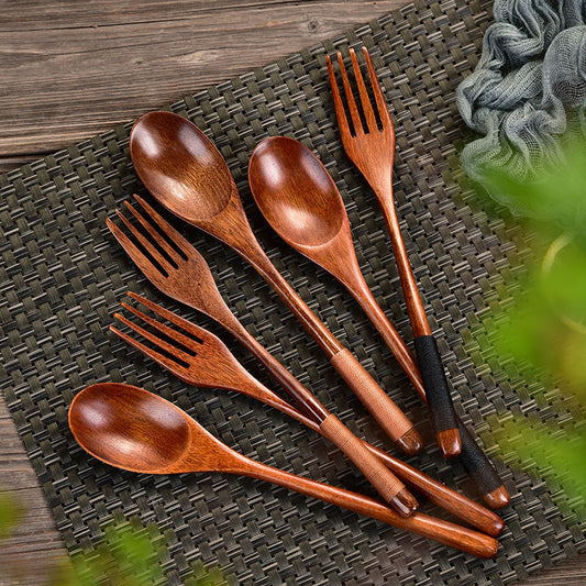 Japanese long handle wooden spoon, wooden fork set, winding thread, wooden soup, soup spoon, solid wood tableware 22.5 cm, factory wholesale