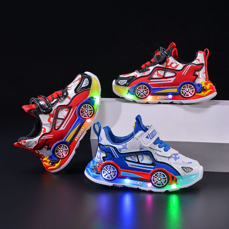 Luminous sneakers 2025 spring and autumn new cartoon car children's casual shoes for little boys leather light shoes