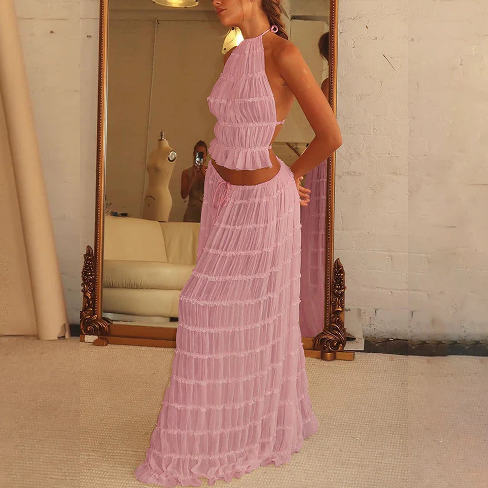 Cross border 2024 summer foreign trade sexy backless halterneck tie pleated lace vest resort style maxi skirt set