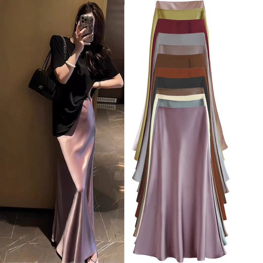 French temperament, acetate satin, draped skirt, women's spring and summer, high-waisted hip skirt, mermaid skirt, long skirt, A-line skirt