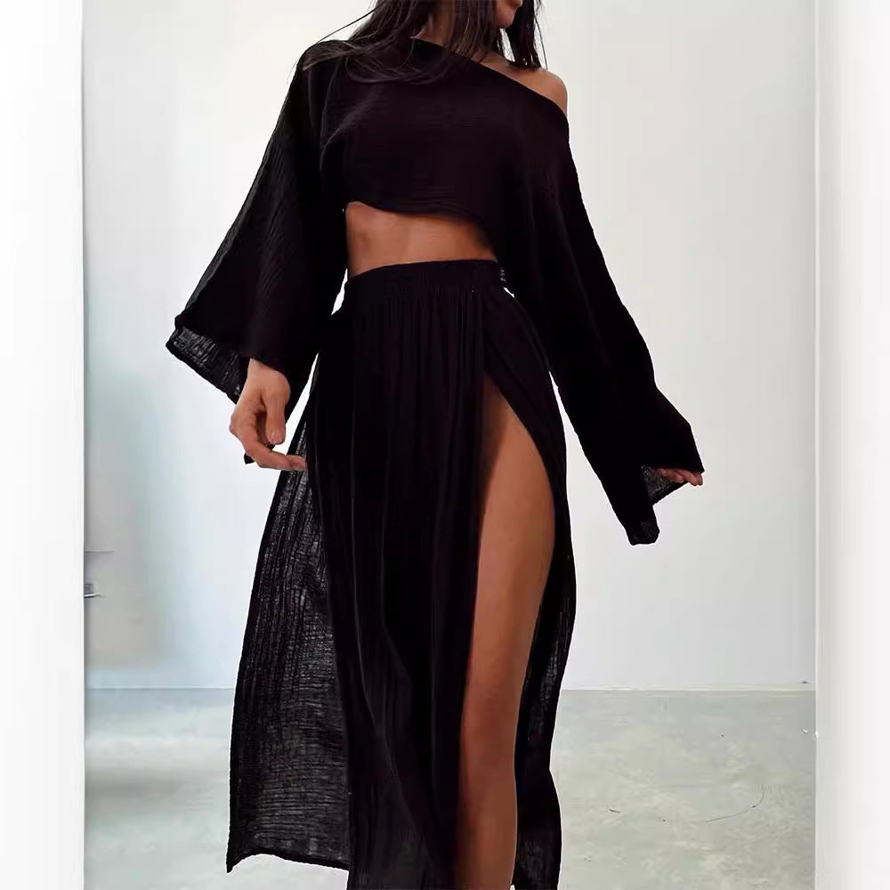 2024 casual vacation linen-blend crop top, high-waisted chic slit, cotton and linen casual two-piece set