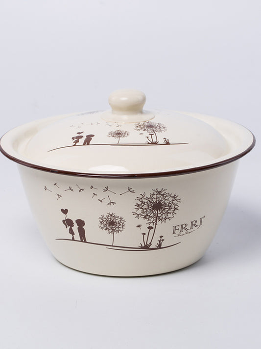 Thickened food grade enamel bowl household oil basin with lid soup bowl old style lard jar and basin porcelain basin