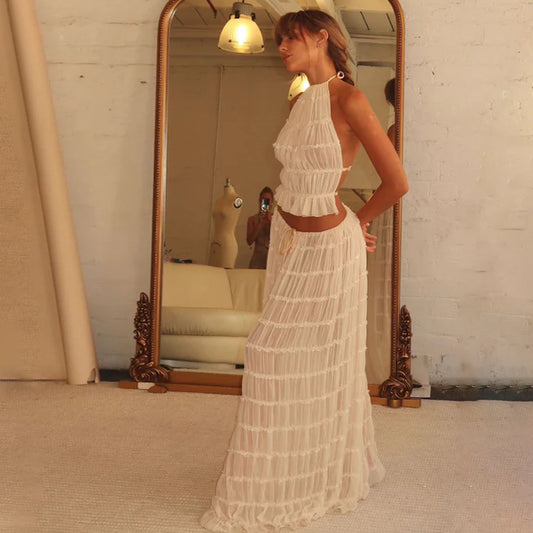 Cross border 2024 summer foreign trade sexy backless halterneck tie pleated lace vest resort style maxi skirt set