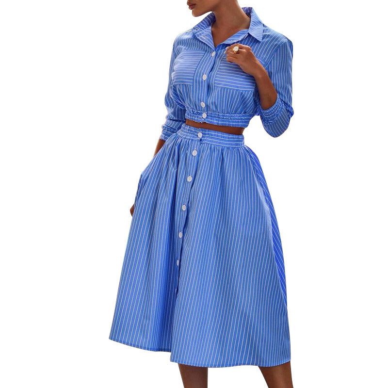 FD496 Spring 2025 Spring New Fashion Temperament Long Sleeved Striped Shirt Set Skirt Two-Piece Set