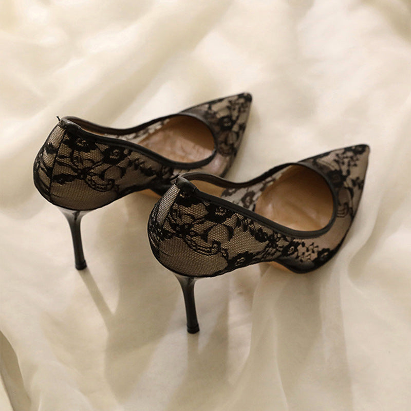High Heels Women's New Lace Sheer High Heels 2023 Women's Stiletto Heels Sexy Mesh Single Shoes Professional Women's Shoes