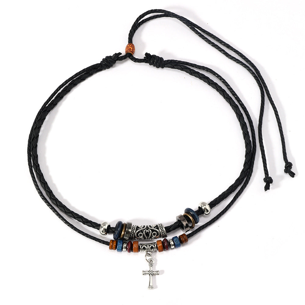 Factory direct sales alloy cross pendant collarbone chain men's vintage double adjustable necklace beaded necklace
