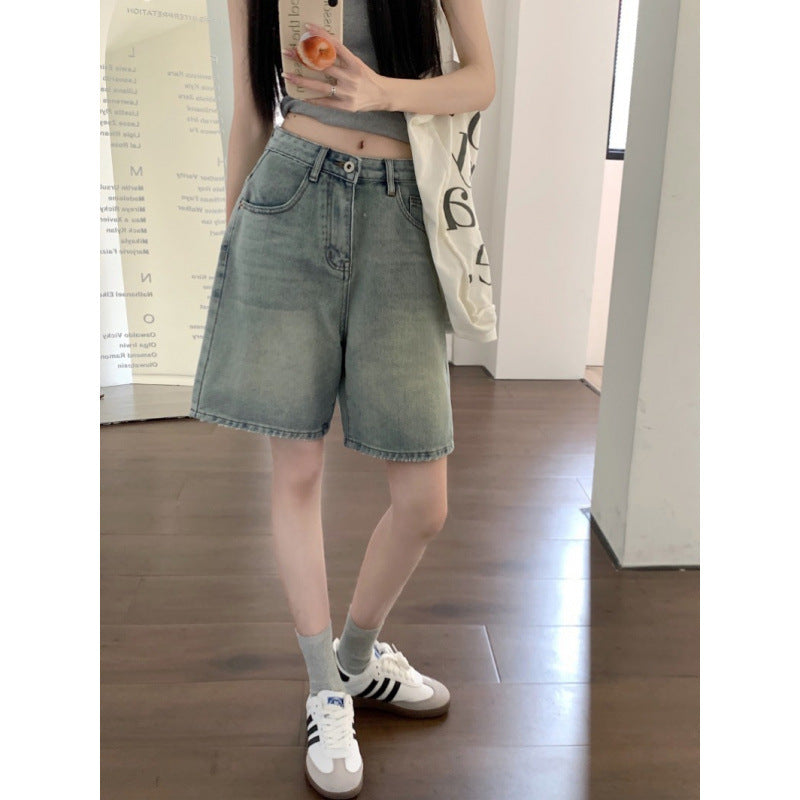 Summer thin denim light blue five-point shorts, women's pear-shaped body, loose large size, fat mm, thin wide-legged midpants