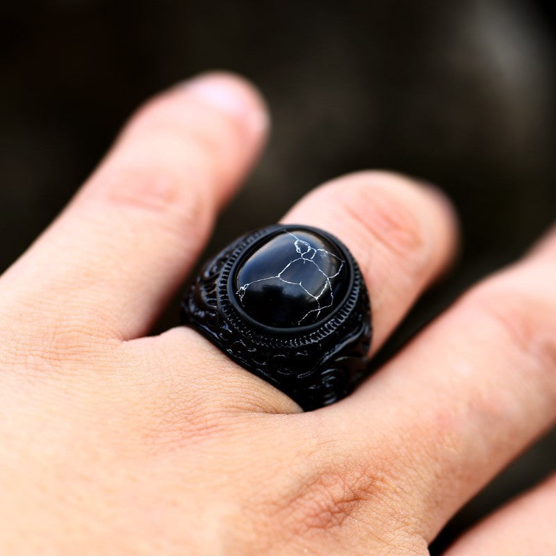 Baosheng new vintage tiger's eye turquoise black carved punk men's fashion hand ornament ethnic style alloy ring wholesale