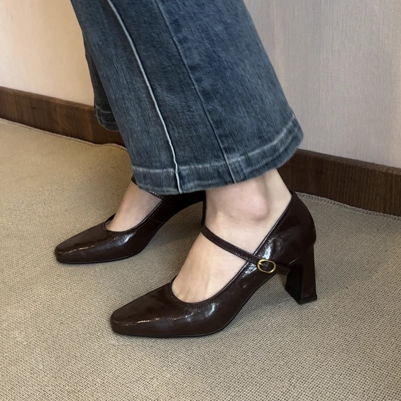 Soft sheepskin black high heels 2025 spring and autumn new French retro block heel strap Mary Jane women's singles