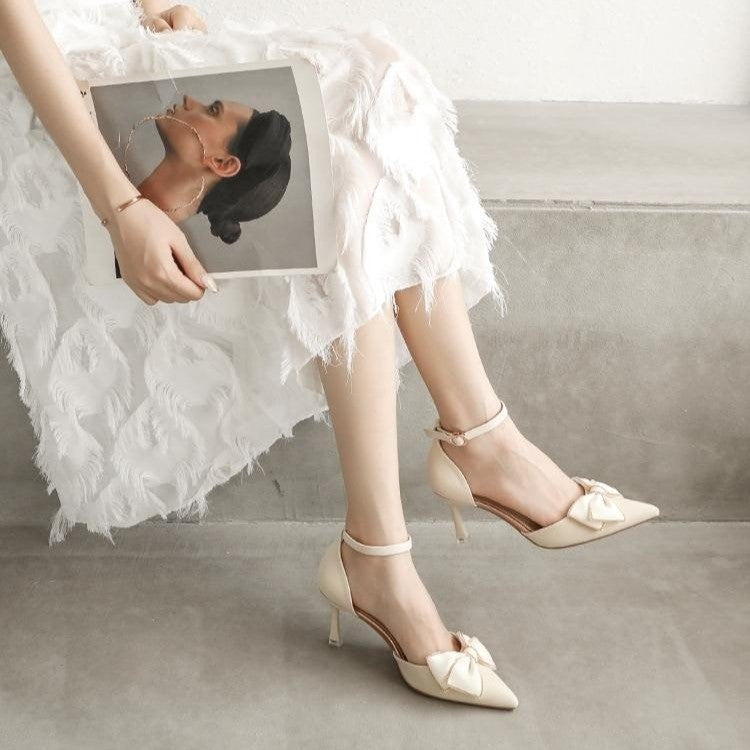 Fairy shoes gentle with skirt bow single shoes women's middle heel French temperament stiletto heel pointed heels spring and autumn