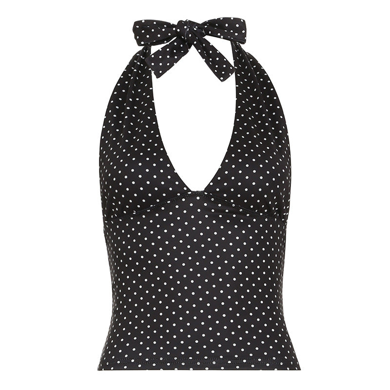 Summer 2024 polka dot print, contrasting lace side panels, V-neck, sleeveless halterneck, leaky back, sexy fashion vest