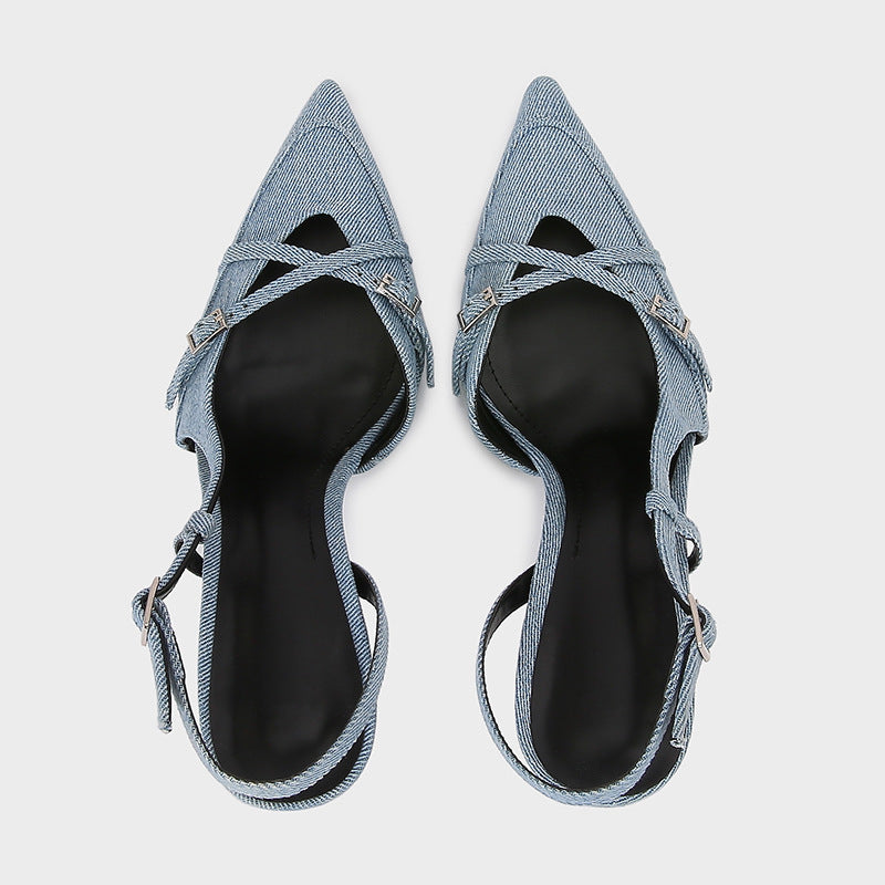ZA2024 Spring New Arrival Women's Shoes Temperament Fashion Slingback Pointed Toe Heeled Mules Denim Toe Sandals Women