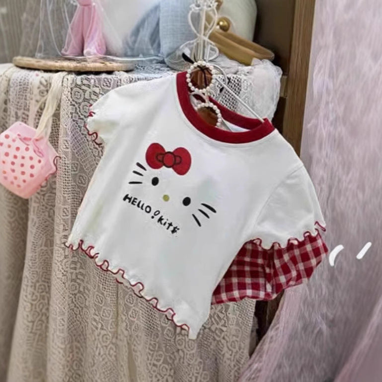 Korean girl fungus kt cat print short sleeve cotton T-shirt baby girl cute foreign and versatile cartoon top