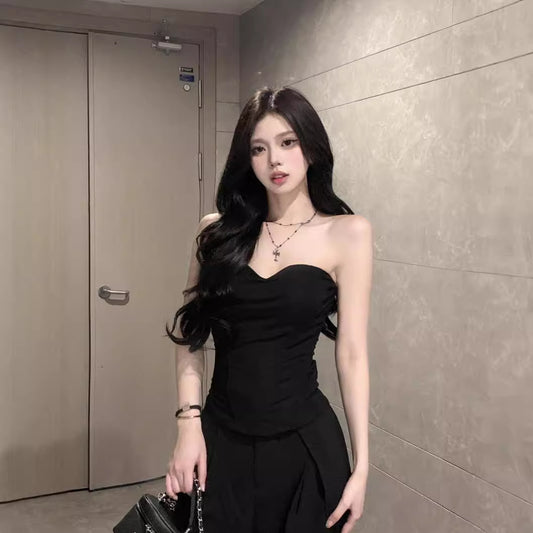 Sexy black herbone bandeau top, women's summer hot three-dimensional design, wear slim and thin, wrap chest vest