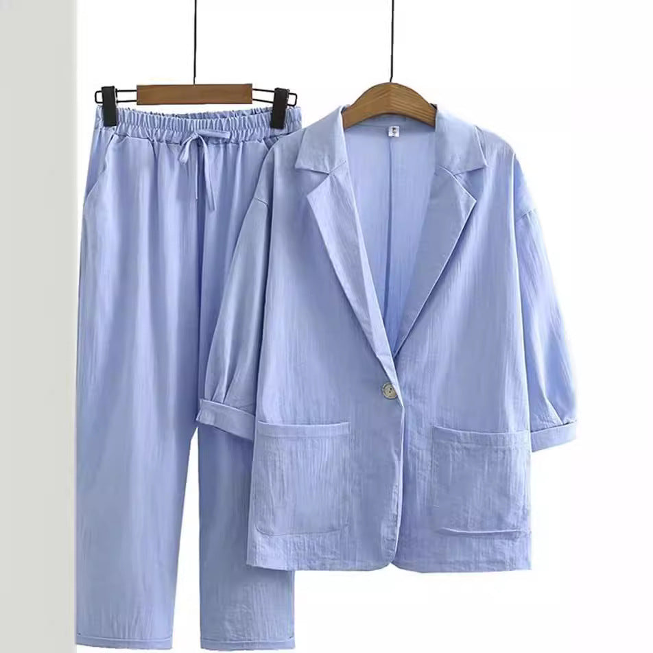 2025 European and American New Women's Autumn Commuter Suits Cotton and Linen Jacket Pants Pockets Loose Fashion Casual Wear
