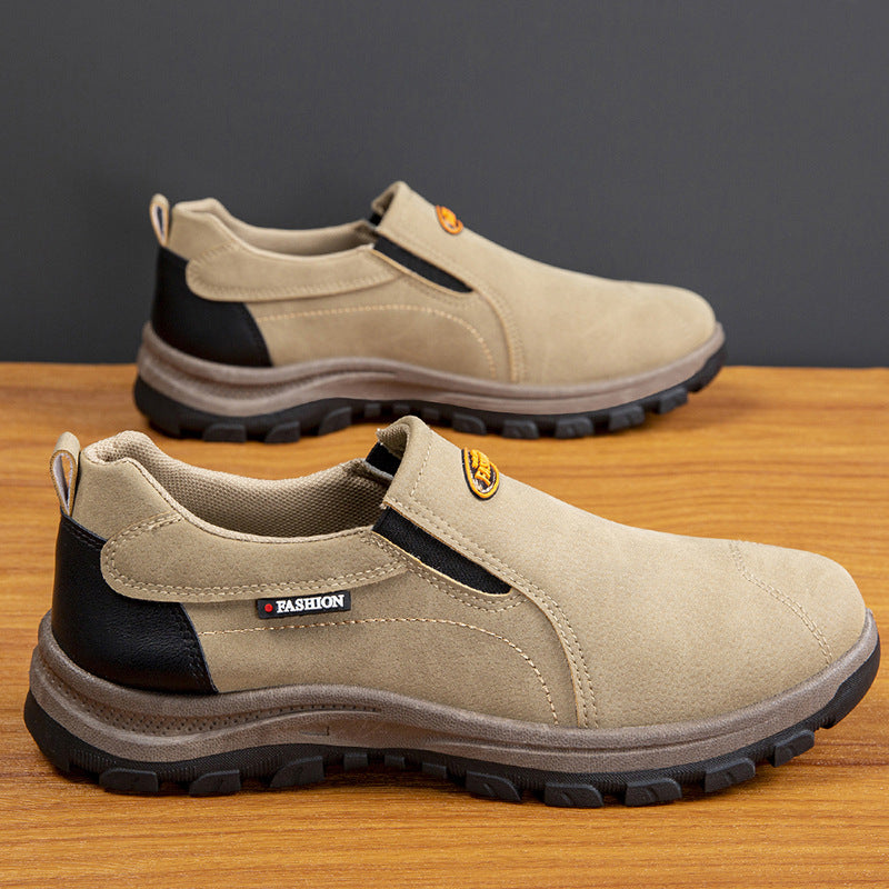 Outdoor hiking shoes, leather top, casual soft soles, one-foot pedals, dad shoes, trendy men's single shoes, low-top, versatile, cross-border plus size