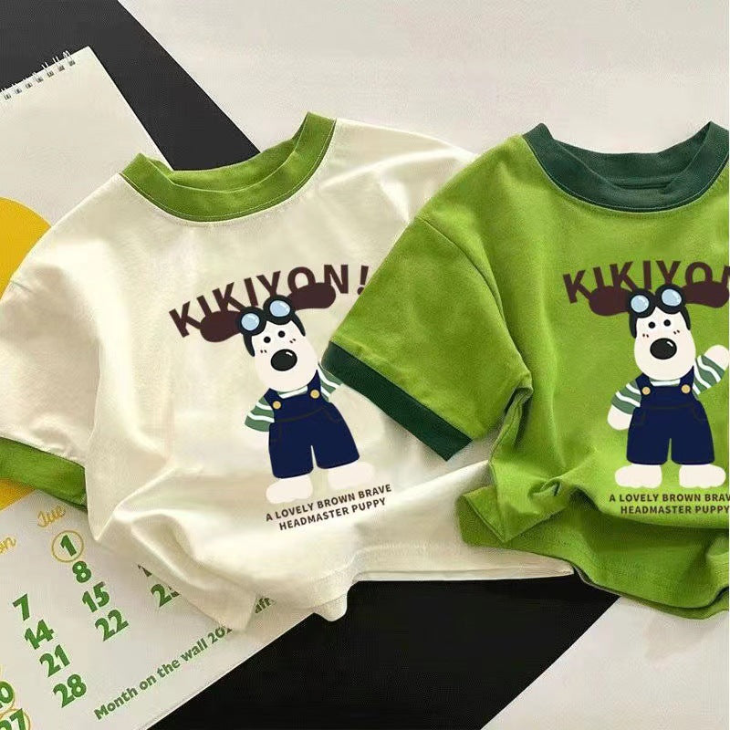 Summer new cotton small and medium-sized boys and girls short-sleeved T-shirts, children's babies cute foreign half-sleeved tops ins