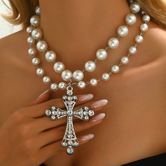 European and American cross-border jewelry fashion multi-layer punk cross necklace ins geometric alloy collarbone chain