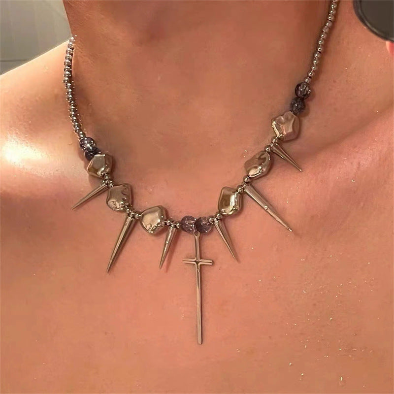 Light luxury punk niche rivet cross splicing men's collarbone chain personality ins exaggerated accessories titanium steel necklace