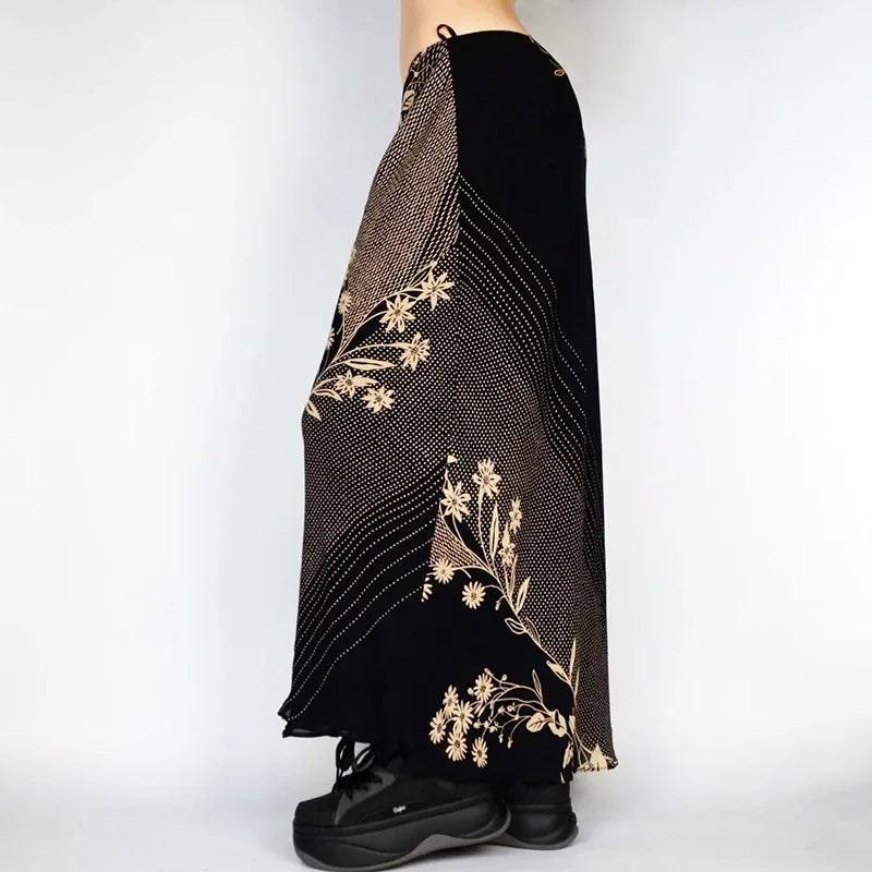 ins retro style Japanese daisy print low-waisted hip skirt with a draped temperament and a thin A-line midi skirt