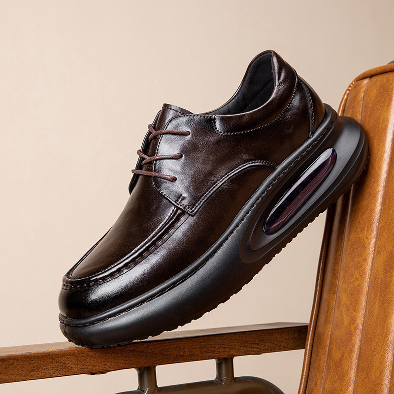 2025 Spring New Air Cushion Men's Shoes Genuine Leather Business Casual Leather Shoes Men's British Platform Sole Breathable Heightened Single Shoes
