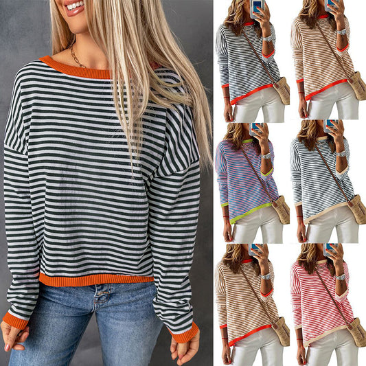 2024 autumn and winter new cross-border European and American women's Amazon women's round neck striped contrast long-sleeved casual sweater