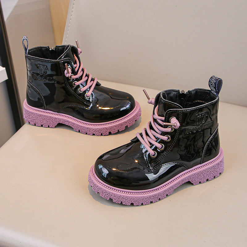 Girls' Martin boots shiny autumn and winter plush leather boots medium and big boy baby boots zipper princess boots women's sequin design