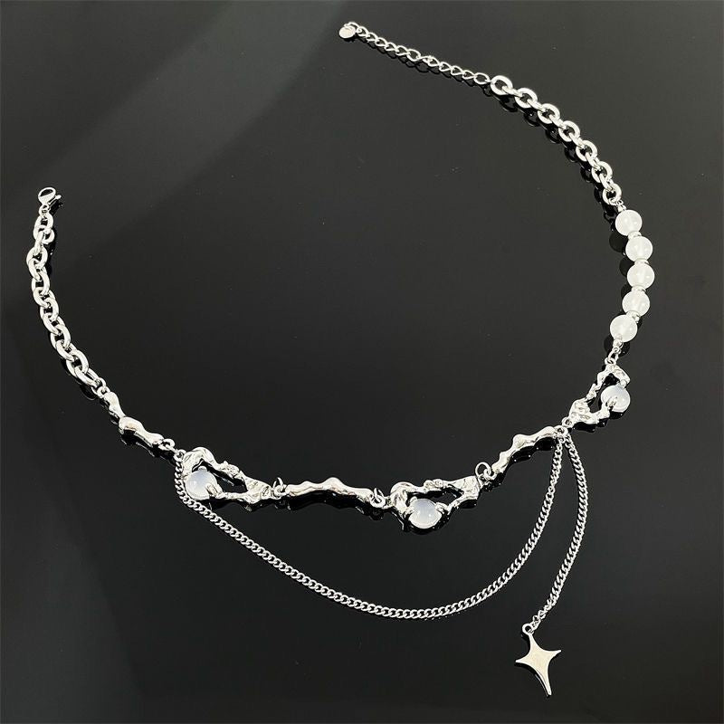 Niche design, high-quality opal, beaded splicing, tassels, four-pointed star necklace, women's light luxury, men's clavicle chain