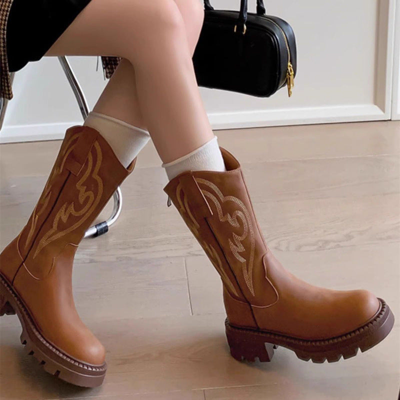 Retro soft leather platform soled versatile western cowboy boots small man kawanishi travel boots autumn and winter women's martin boots